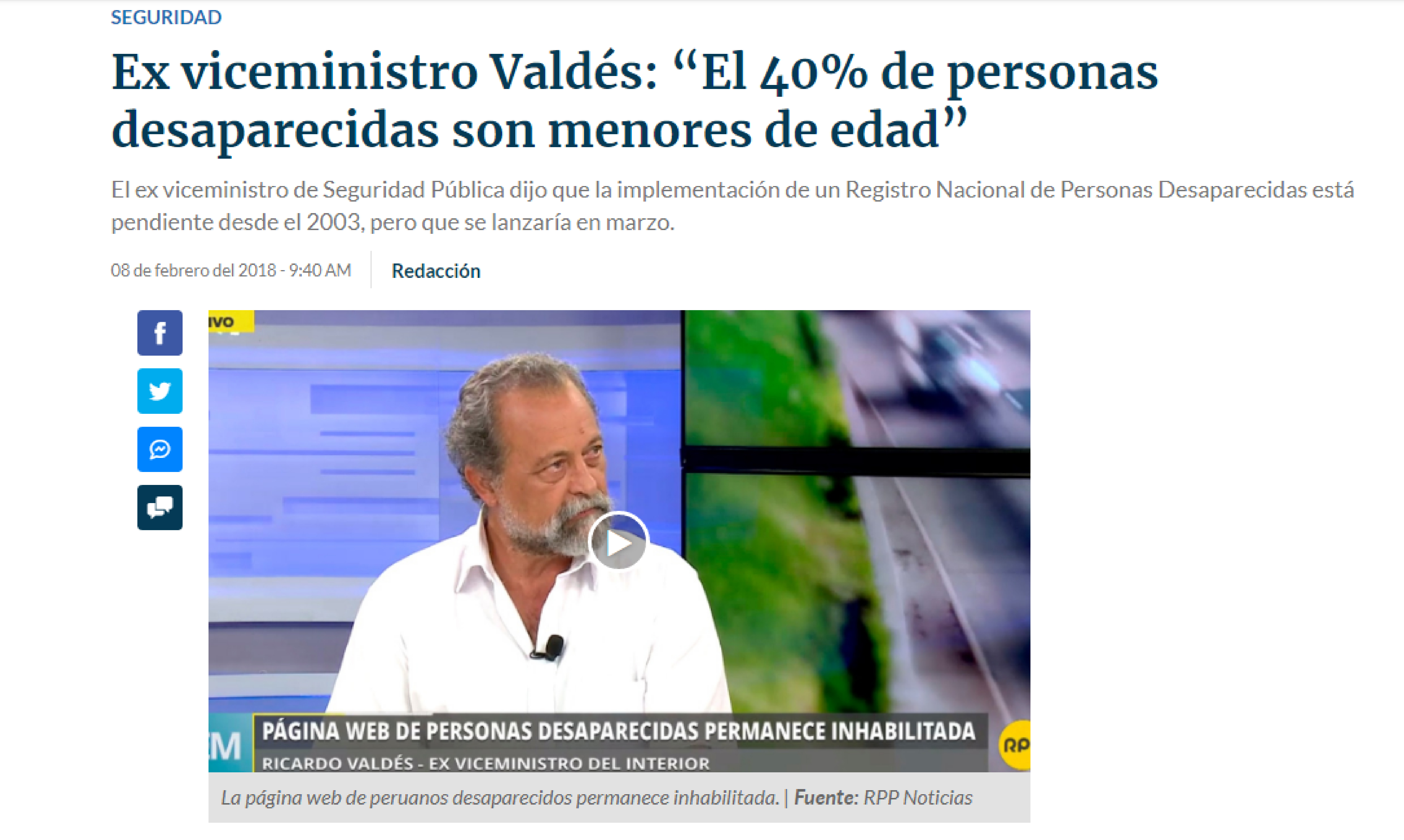 RPP: Ex viceministro Valdés: “El 40% de personas desaparecidas son menores de edad”