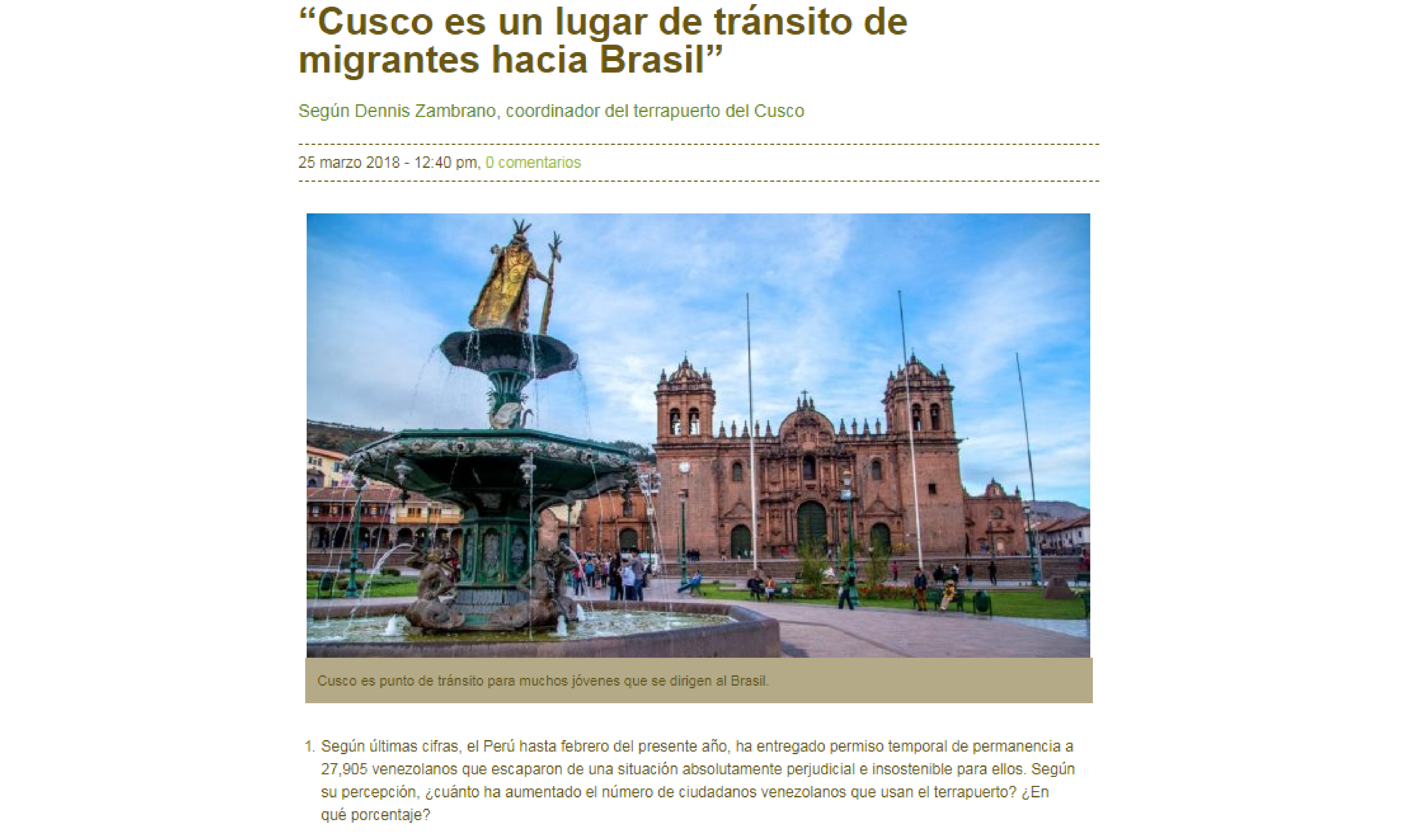 Inforegión: “Cusco es un lugar de tránsito de migrantes hacia Brasil”