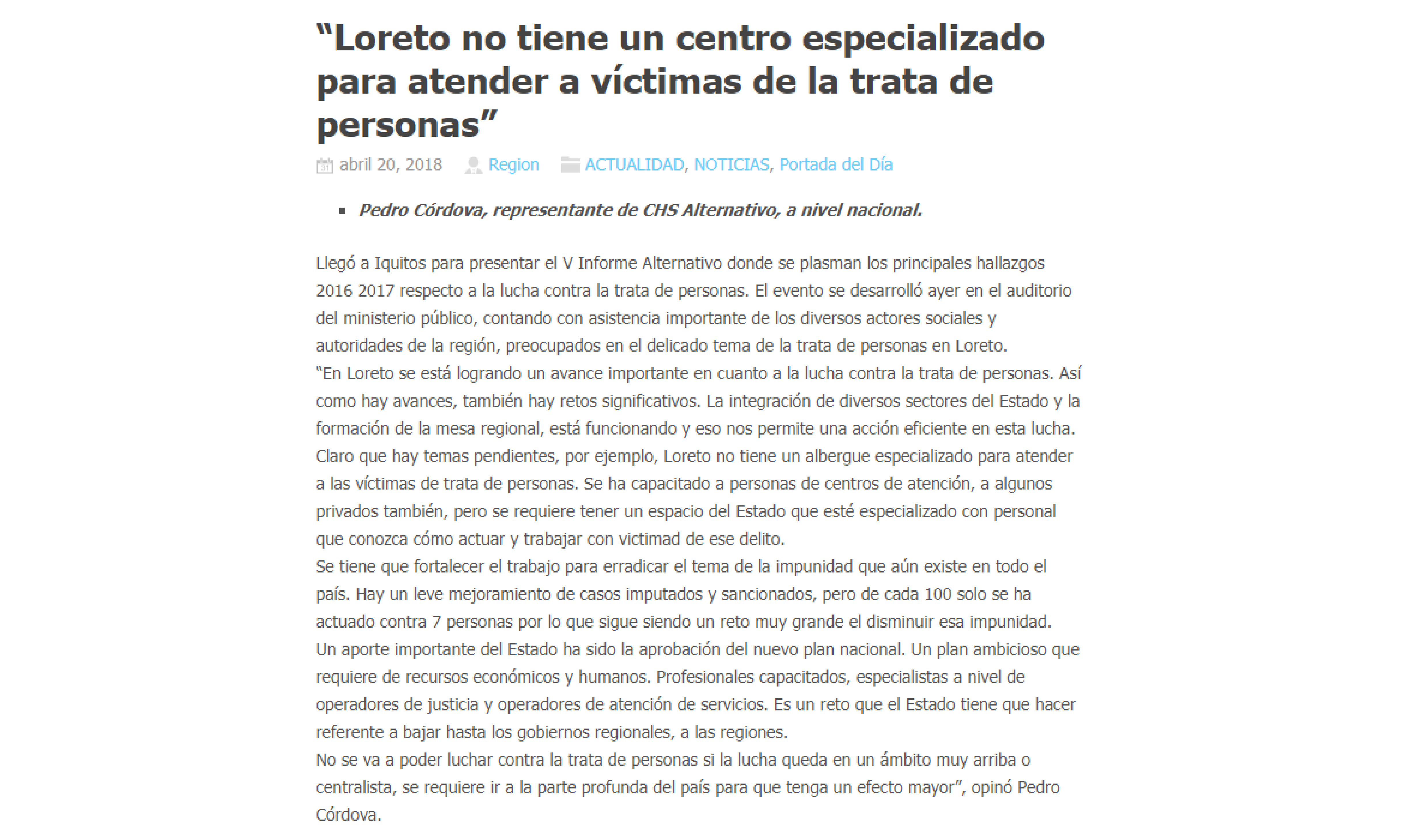 La Región: “Loreto no tiene un centro especializado para atender a víctimas de la trata de personas”
