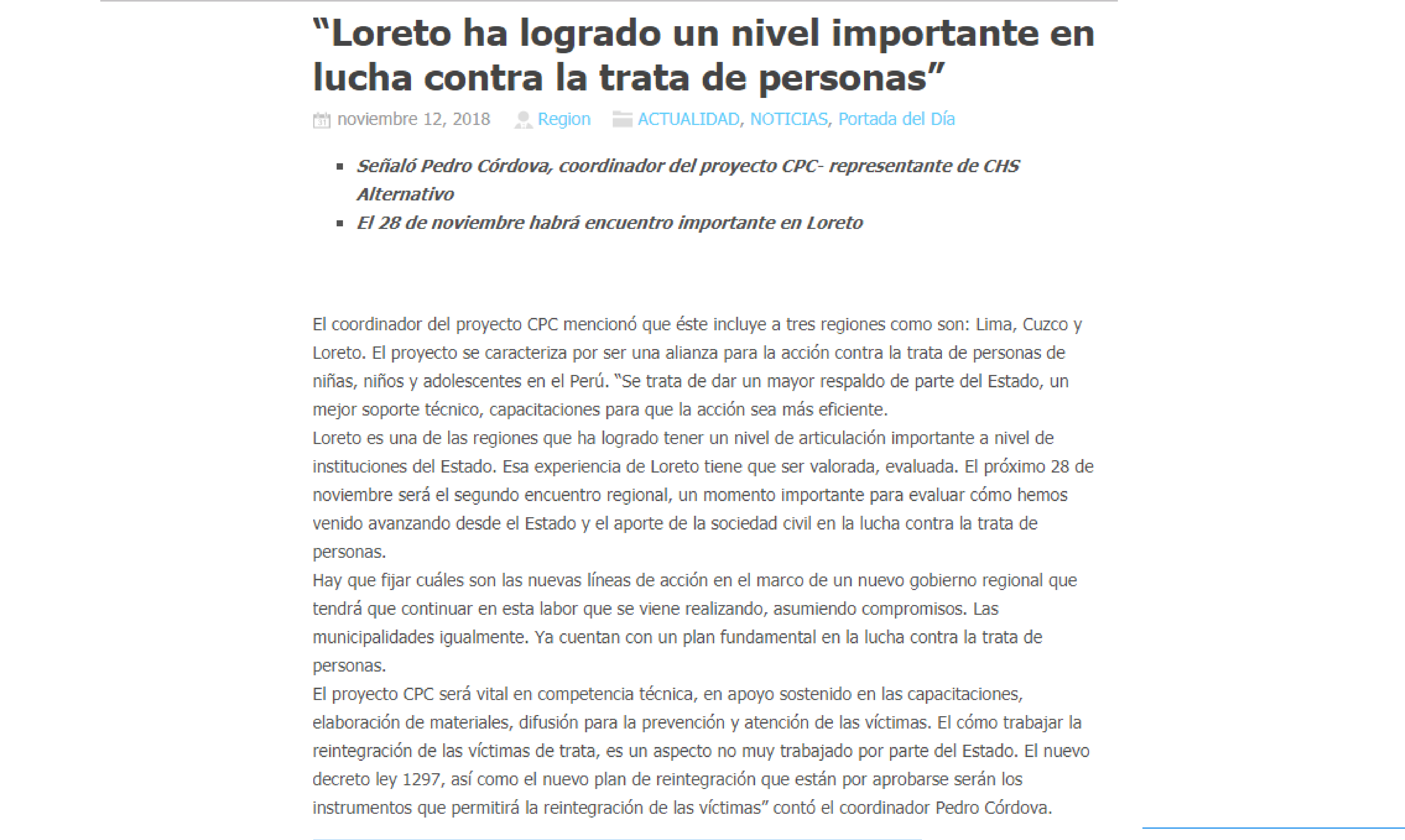La Región: Loreto ha logrado un nivel importante en lucha contra la trata de personas