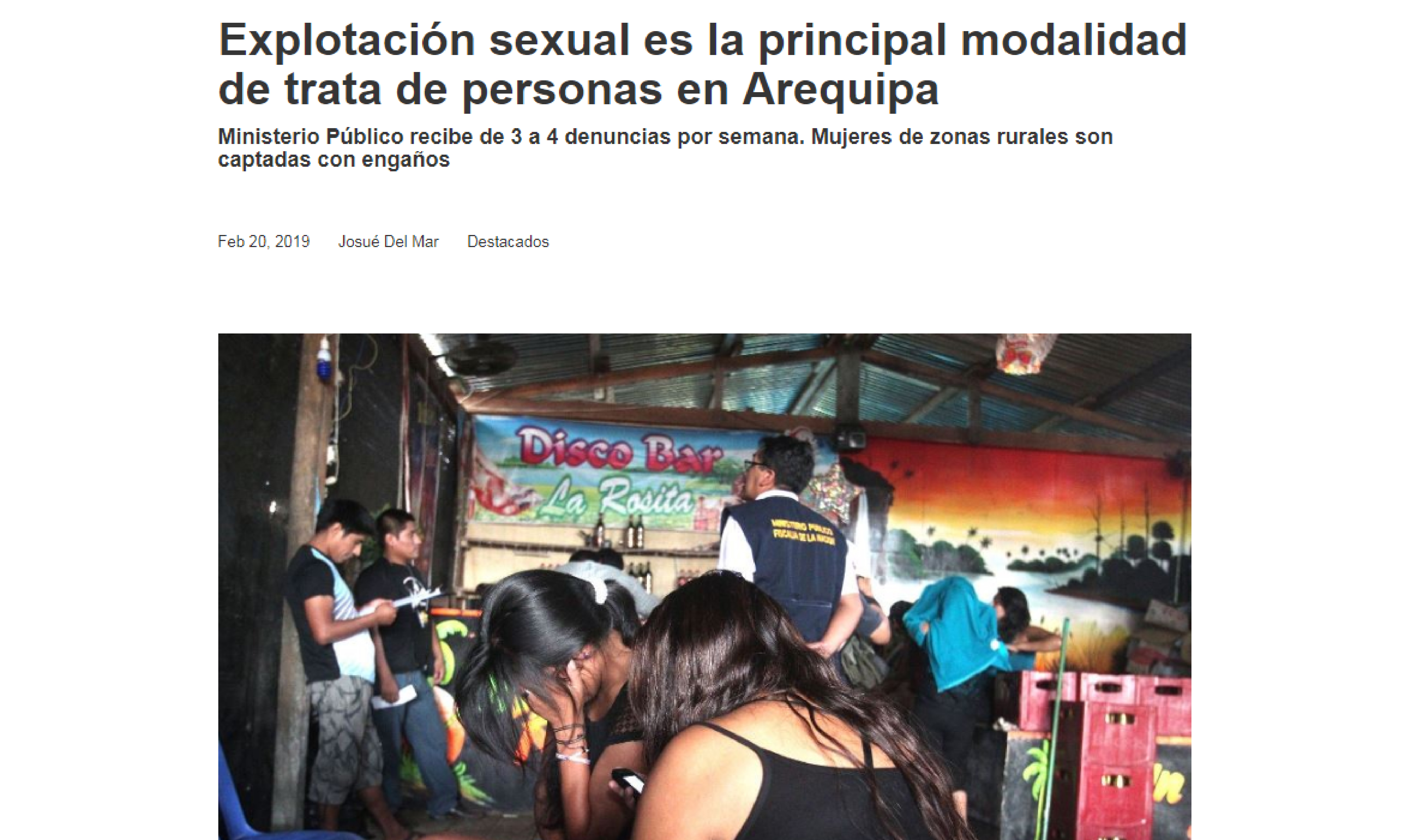 Explotación sexual es la principal modalidad de trata de personas en Arequipa