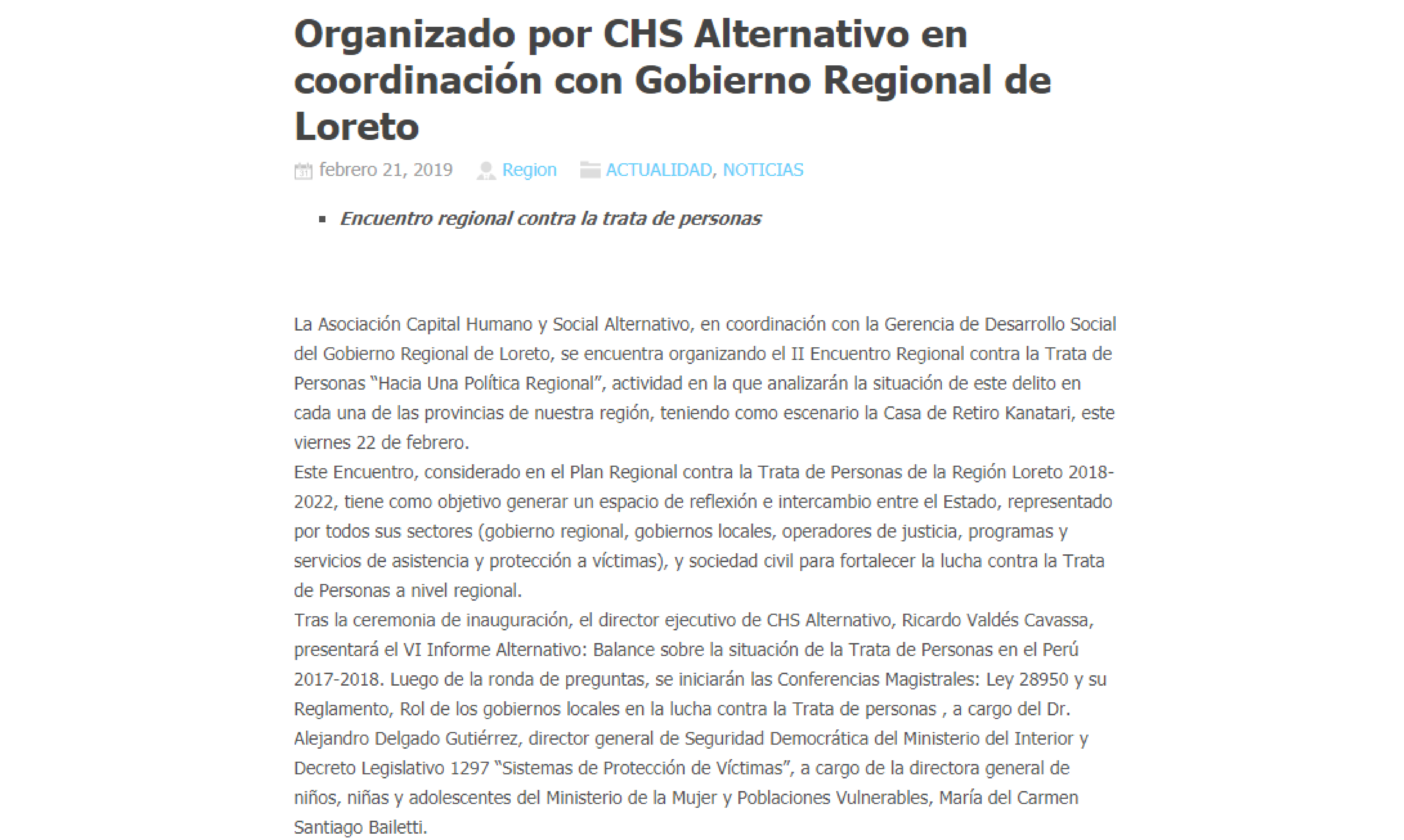 Encuentro regional organizado por CHS Alternativo en coordinación con gobierno regional de Loreto