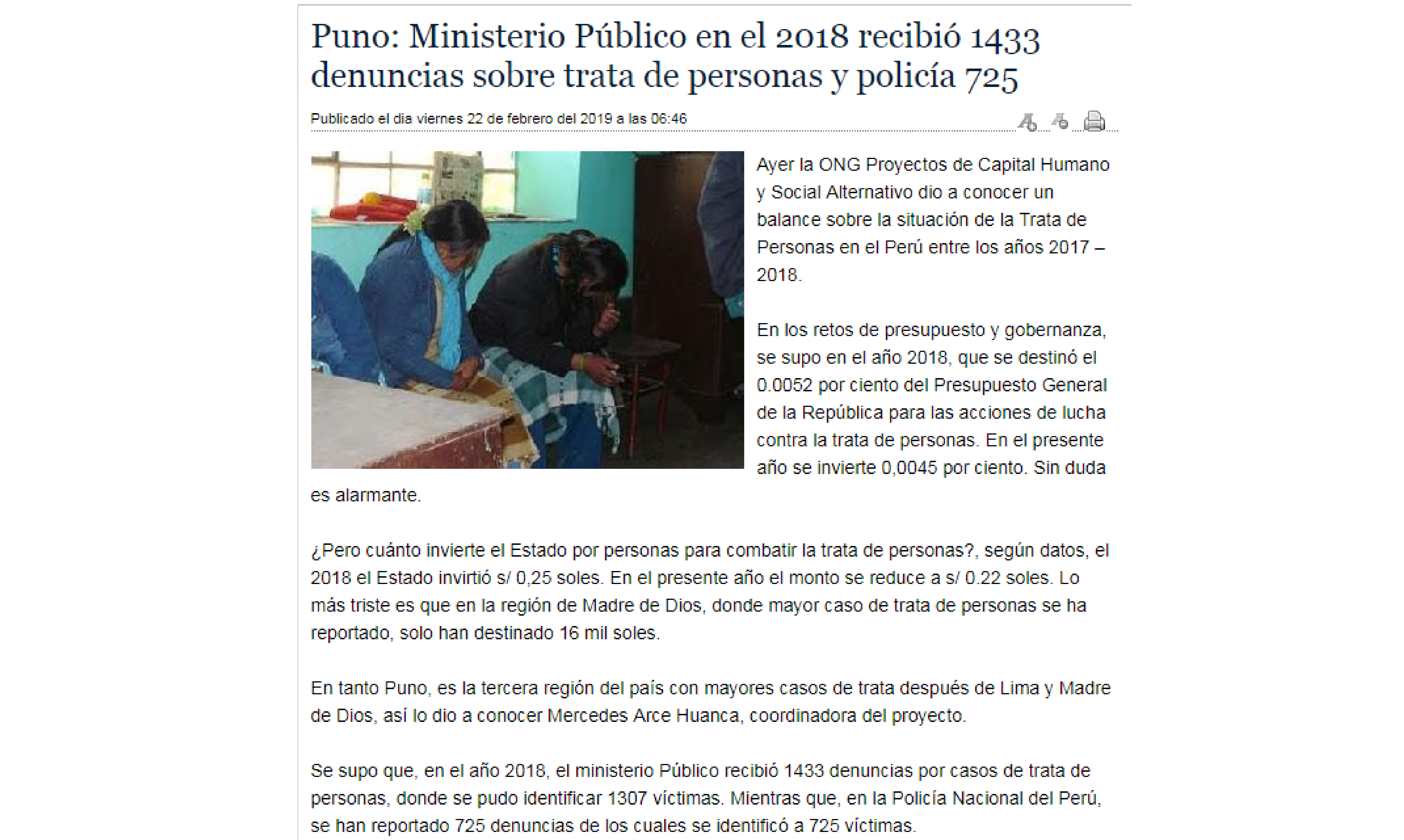 Puno: Ministerio Público en el 2018 recibió 1433 denuncias sobre trata de personas y policía 725