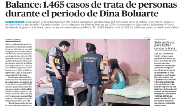 1465 casos de trata de personas durante el periodo de Dina Boluarte